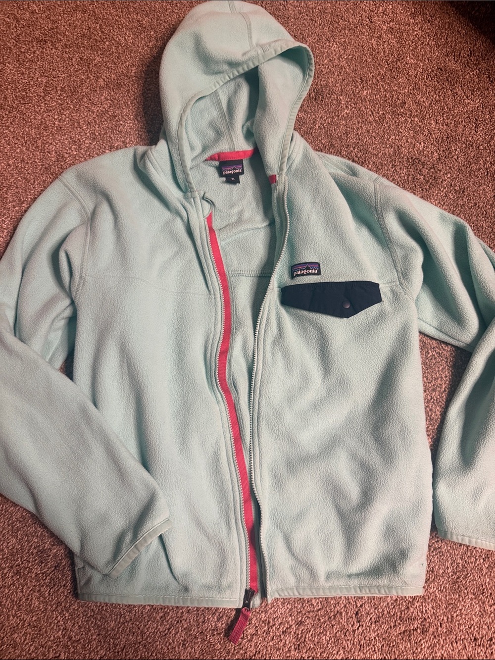 Patagonia Light Aqua Fleece Hoodie with Pink Zip and Navy Pocket